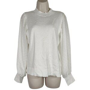 CeCe White Pullover Knit Top  Mock Neck Sweater Women Size XS Swiss Dot Long Slv